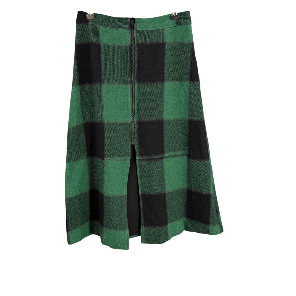 Sea New York‎ Midi Skirt Size 4 Green Buffalo Plaid Wool Blend Front Zip Slit